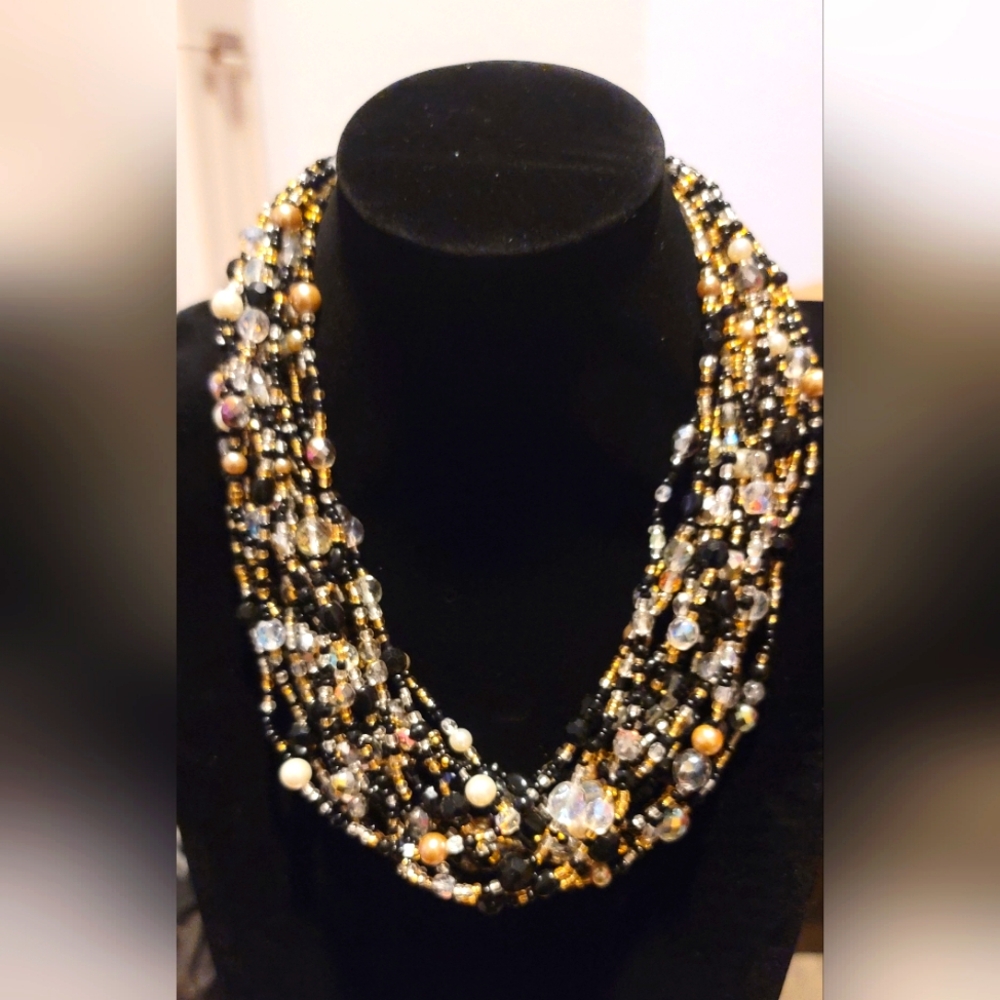 Rare Vintage Joan Rivers Black n Gold Czech Bead Multi-Strand Torsade Necklace